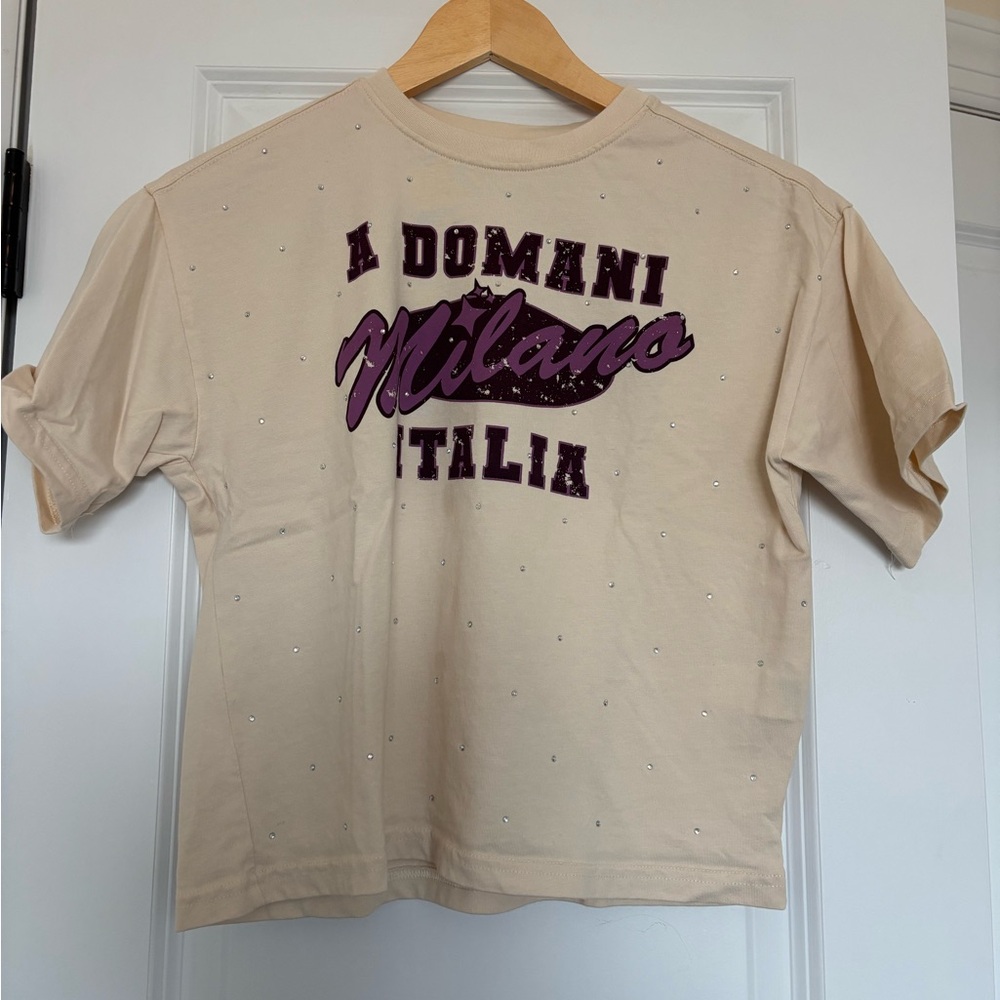 Zara Cream Rhinestone Milano Short Sleeve Tee Shirt Size girls 9-10